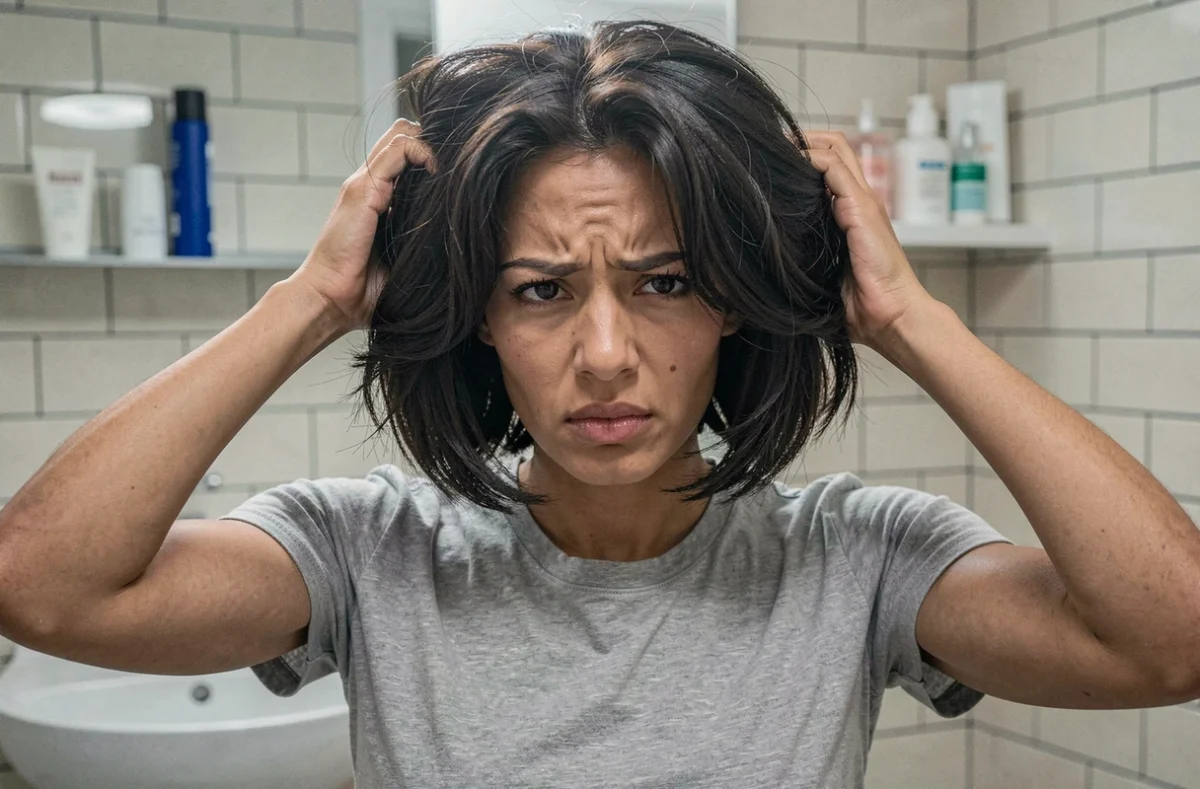 Femme inspectant son carré boule court sur cheveux épais devant le miroir de salle de bain, silhouette gonflée