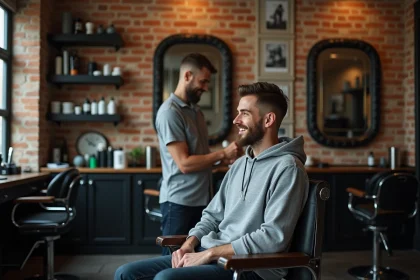 Étudiant se faisant couper les cheveux dans un barbershop moderne à Lille, look soigné à petit prix