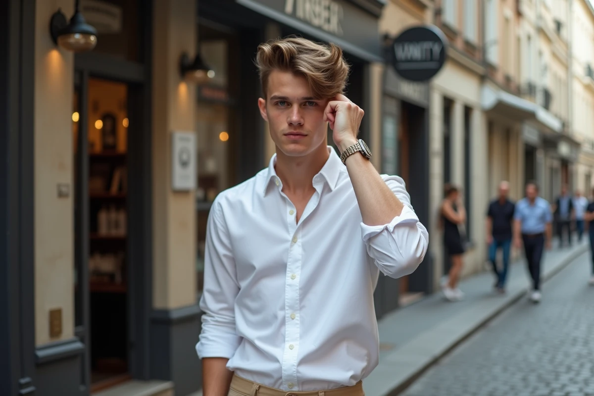 Jeune étudiant avec une coupe fraîche devant un barbershop tendance à Lille