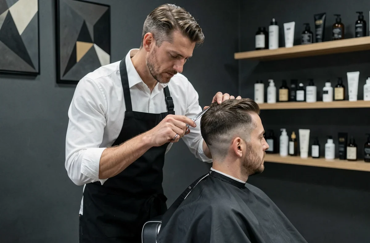 Barbier professionnel réalisant une coupe de fondu dans le salon Everyone Speaks à Bordeaux