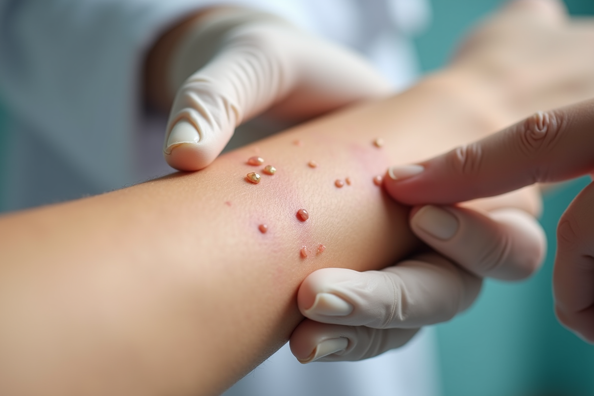 Dermatologue examinant des boutons sur le bras