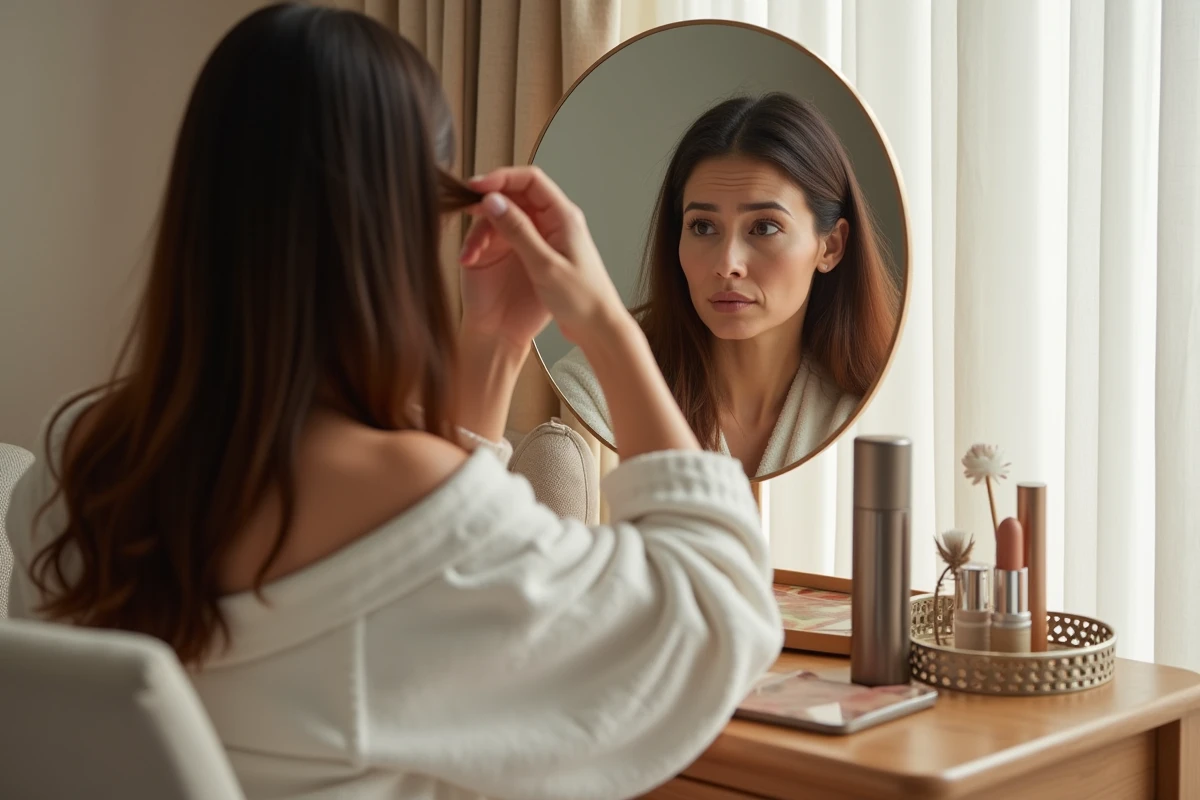 Femme examinant ses racines blanches dans un miroir grossissant avant un événement important
