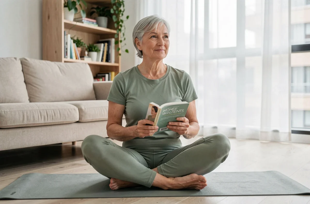 Femme d'âge mûr aux cheveux gris courts lisant un livre sur la santé féminine chez elle, illustrant l'information sur la ménopause et ses changements intimes