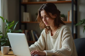 Femme analysant des annonces de massage suspectes sur un ordinateur portable à son bureau à domicile
