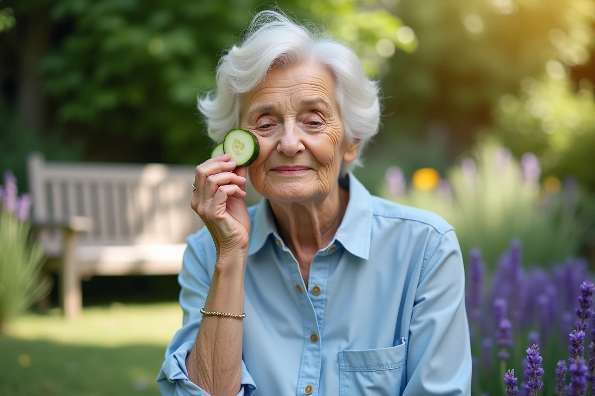 Femme âgée appliquant des tranches de concombre sur le visage