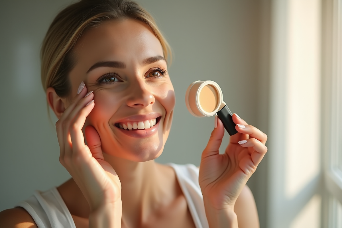 Femme souriante appliquant du fond de teint visage