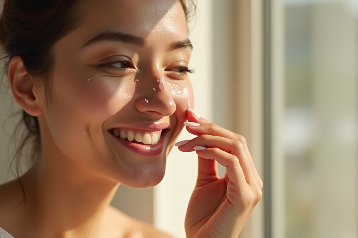 Femme souriante appliquant un serum sur la joue dans une salle de bain lumineuse