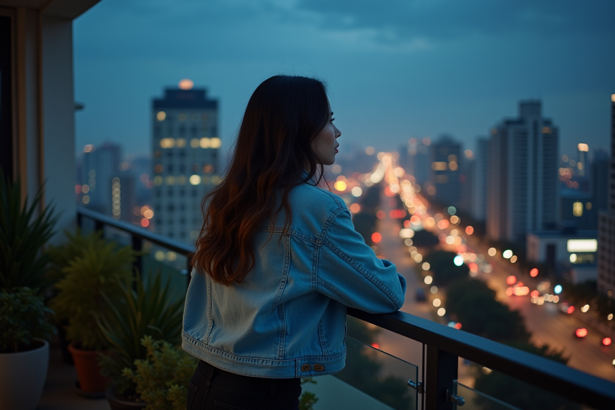 Femme regarde la ville depuis un balcon la nuit