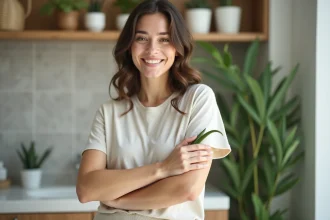 Femme souriante en tshirt bambou dans salle de bain moderne