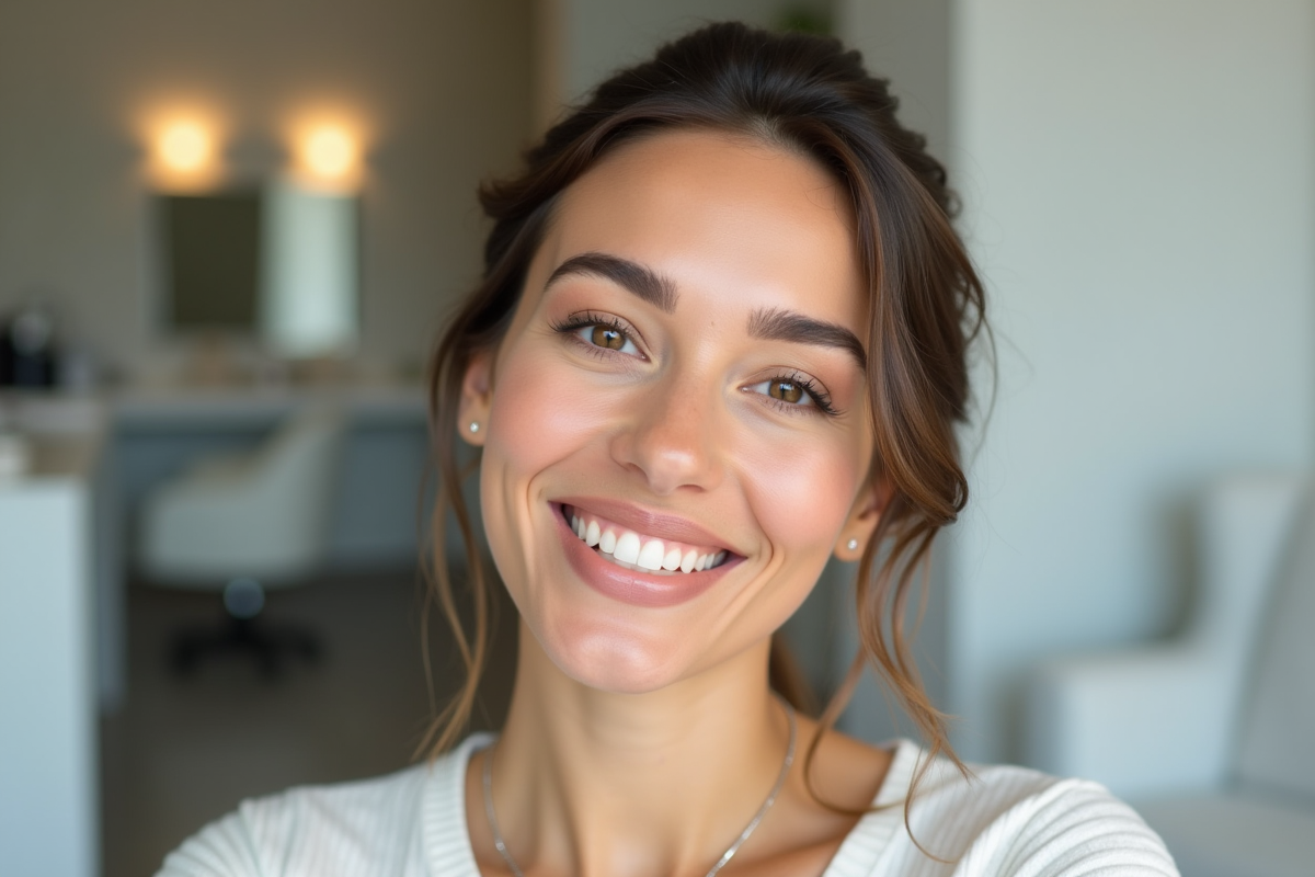 Femme souriante en studio de beauté avec maquillage permanent