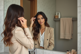 Femme élégante en blazer beige se coiffant devant miroir