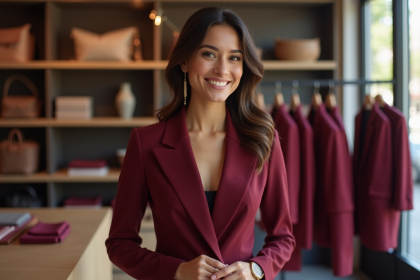 Femme élégante dans une boutique Bordeaux portant un blazer bordeaux