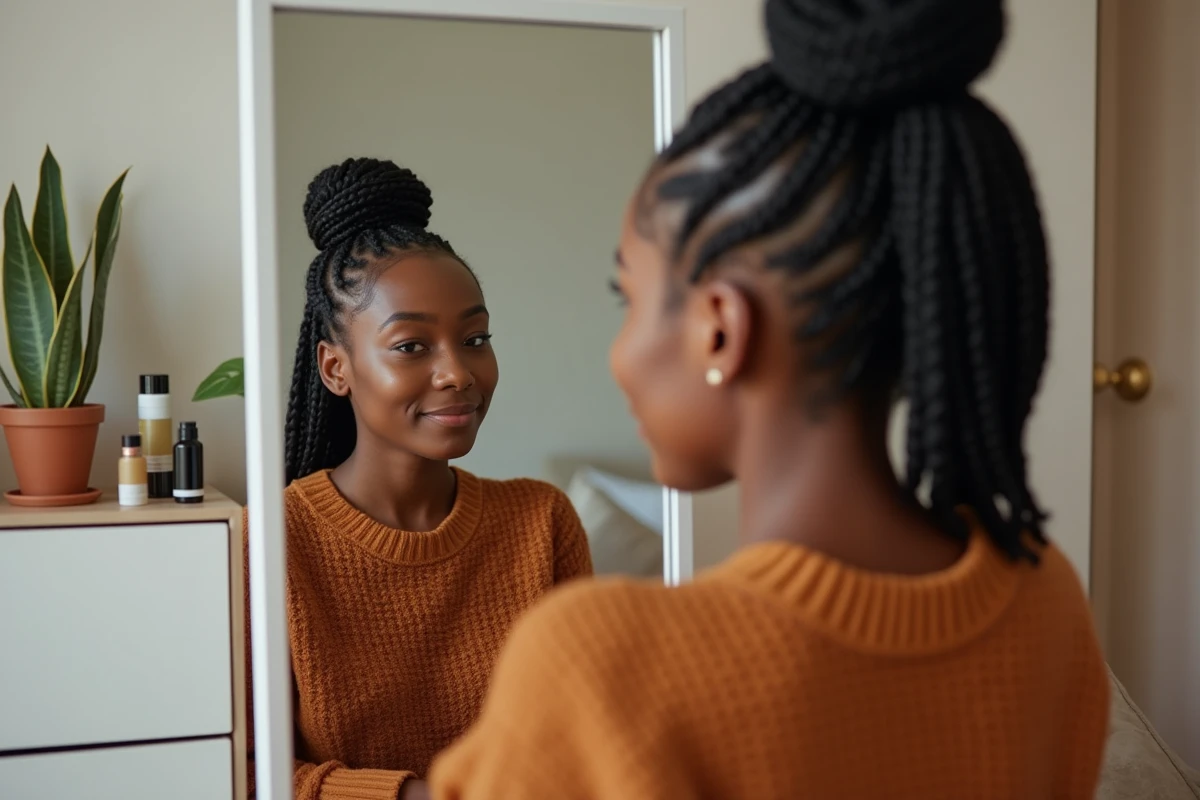 Jeune femme admirant ses tresses box braids fraîchement réalisées devant un miroir