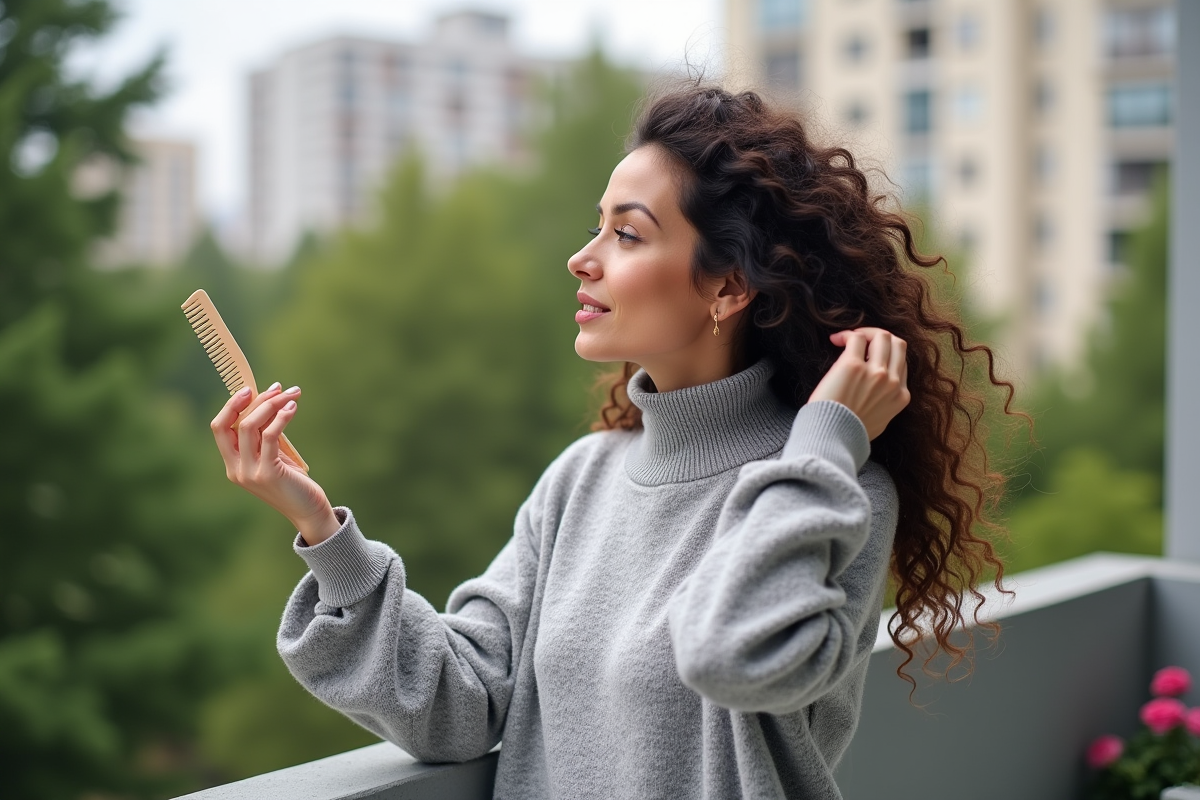 Femme se brossant les cheveux sur un balcon