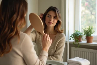 Femme se brossant les cheveux dans un miroir de salle de bain