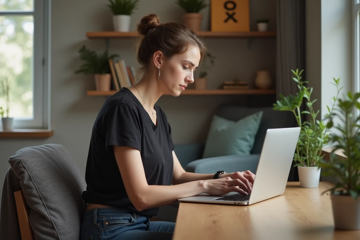 Jeune femme au bureau regardant une calculatrice de tatouage