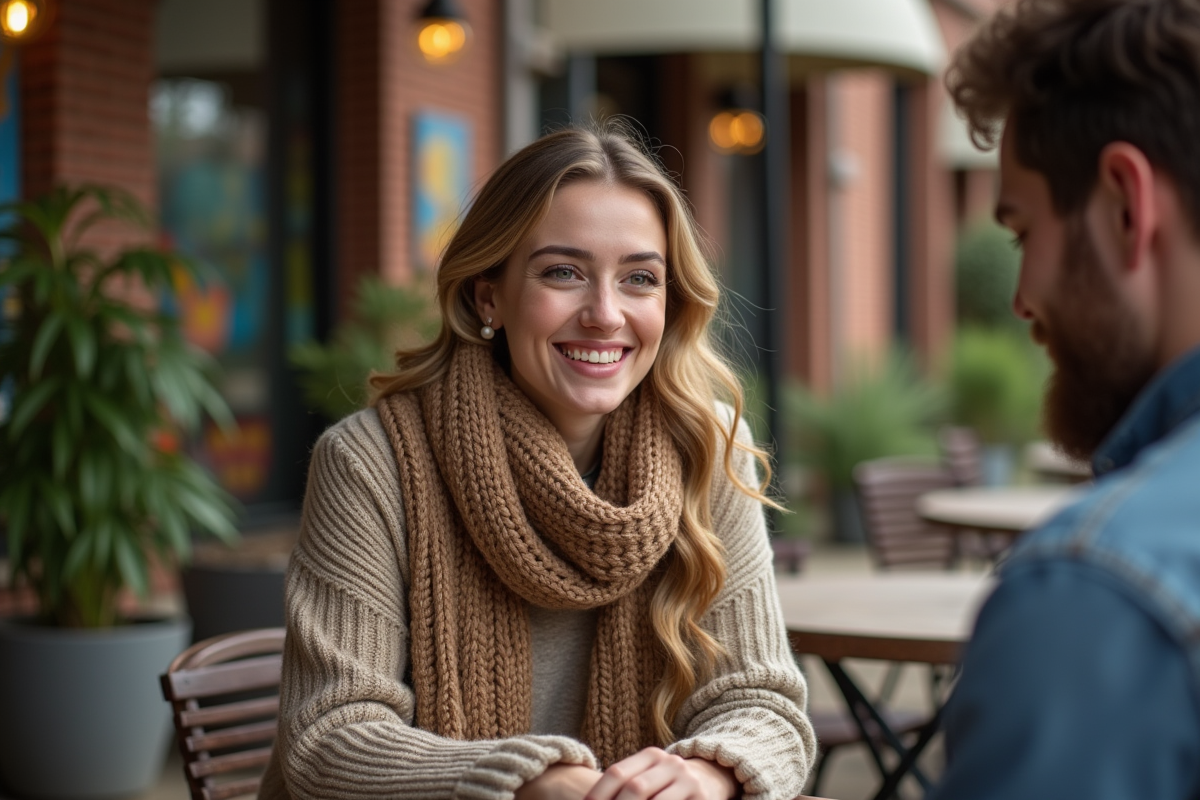 Femme au café avec un ami partageant un compliment