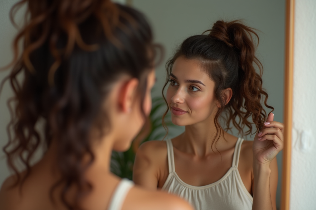 Jeune femme examine ses cheveux naturels devant un miroir