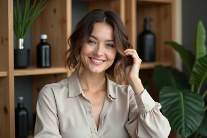Femme souriante avec nouvelle coupe de cheveux tendance