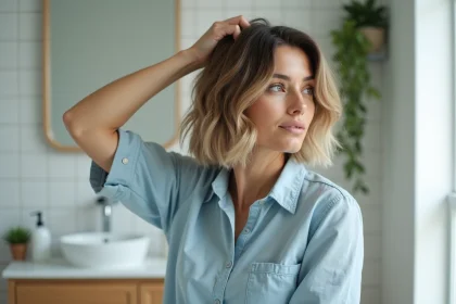 Femme coiff&eacute;e d'un bob textur&eacute; regardant dans le miroir