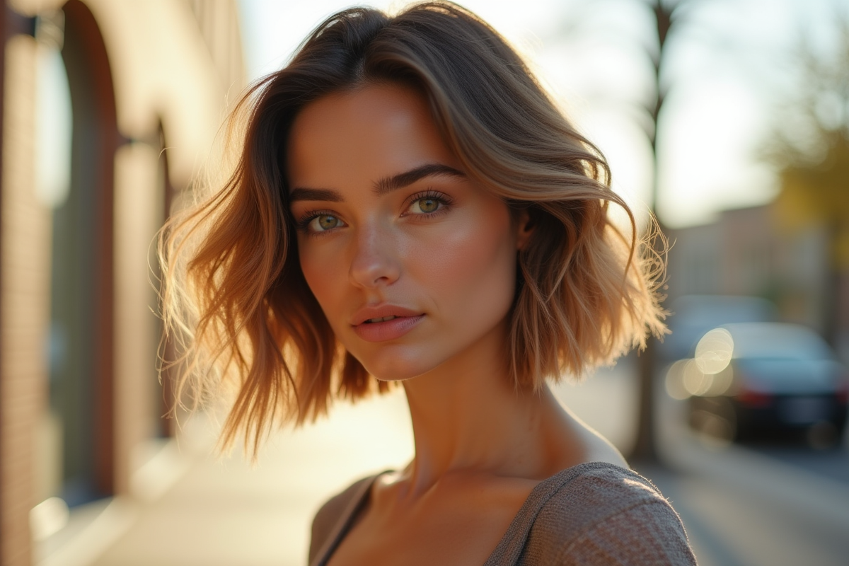 Femme confiante avec coupe moderne et dégradé naturel en extérieur