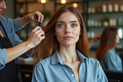 Femme en salon de coiffure en attente de coupe