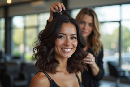 Femme souriante avec cheveux volumineux dans un salon moderne