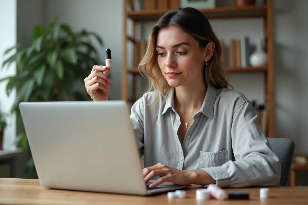 Femme comparant les frais de livraison Primor sur ordinateur portable entourée de produits de maquillage abordables