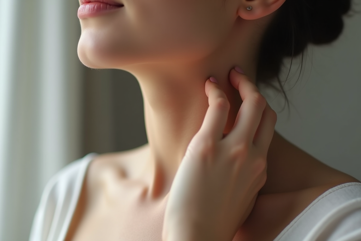Femme confiante touchant son cou et ses clavicules