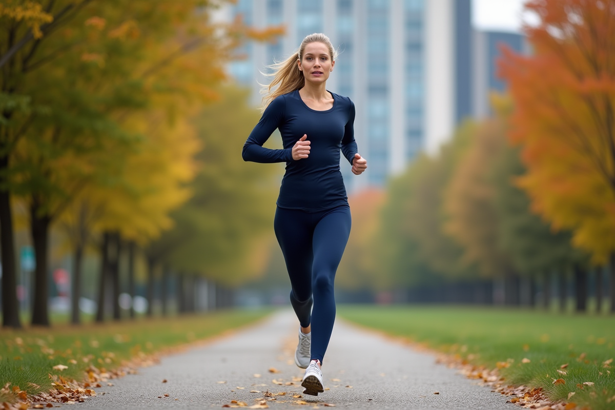 Femme courant dans un parc avec leggings de sport navy