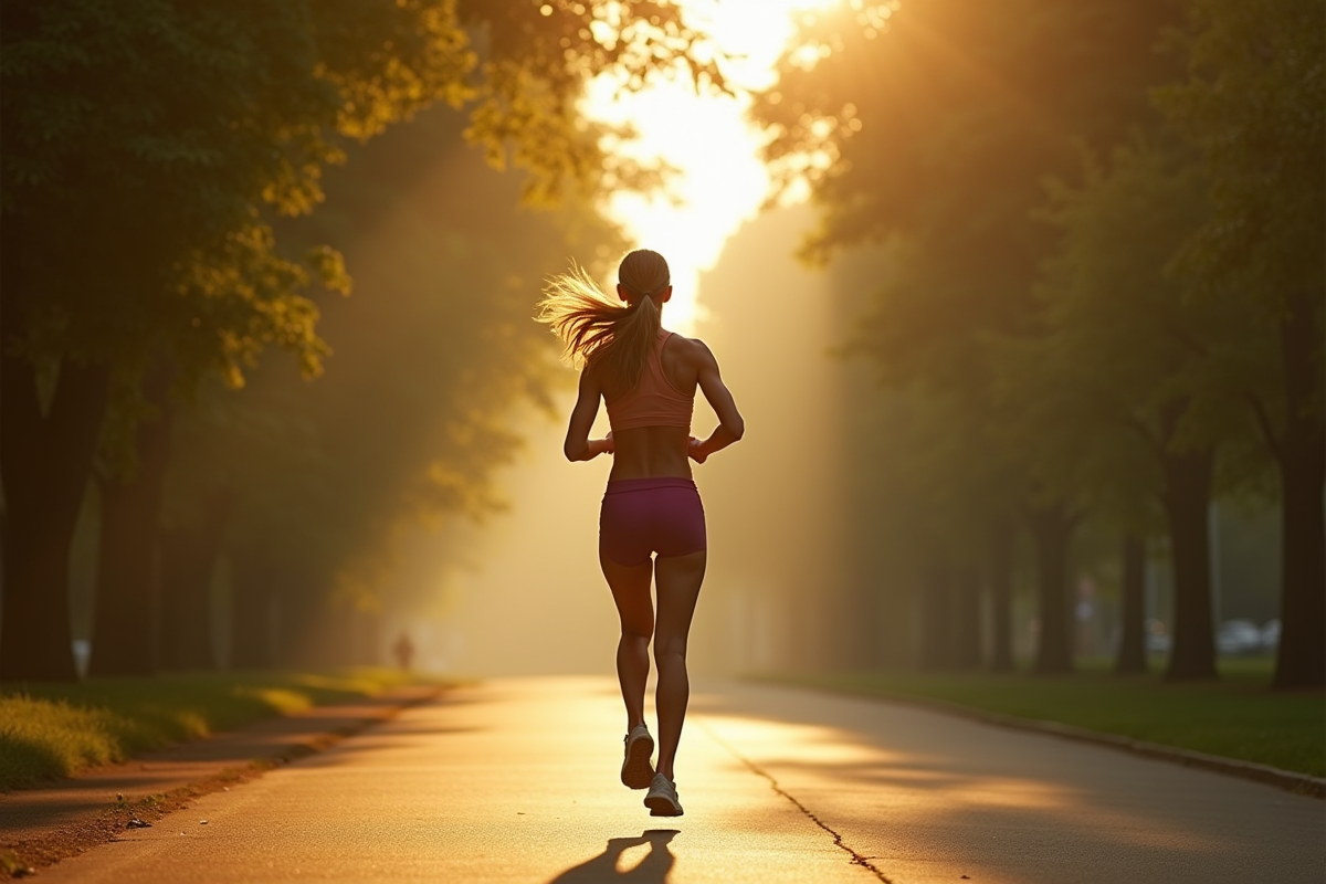 Femme mince courant dans un parc au matin ensoleille