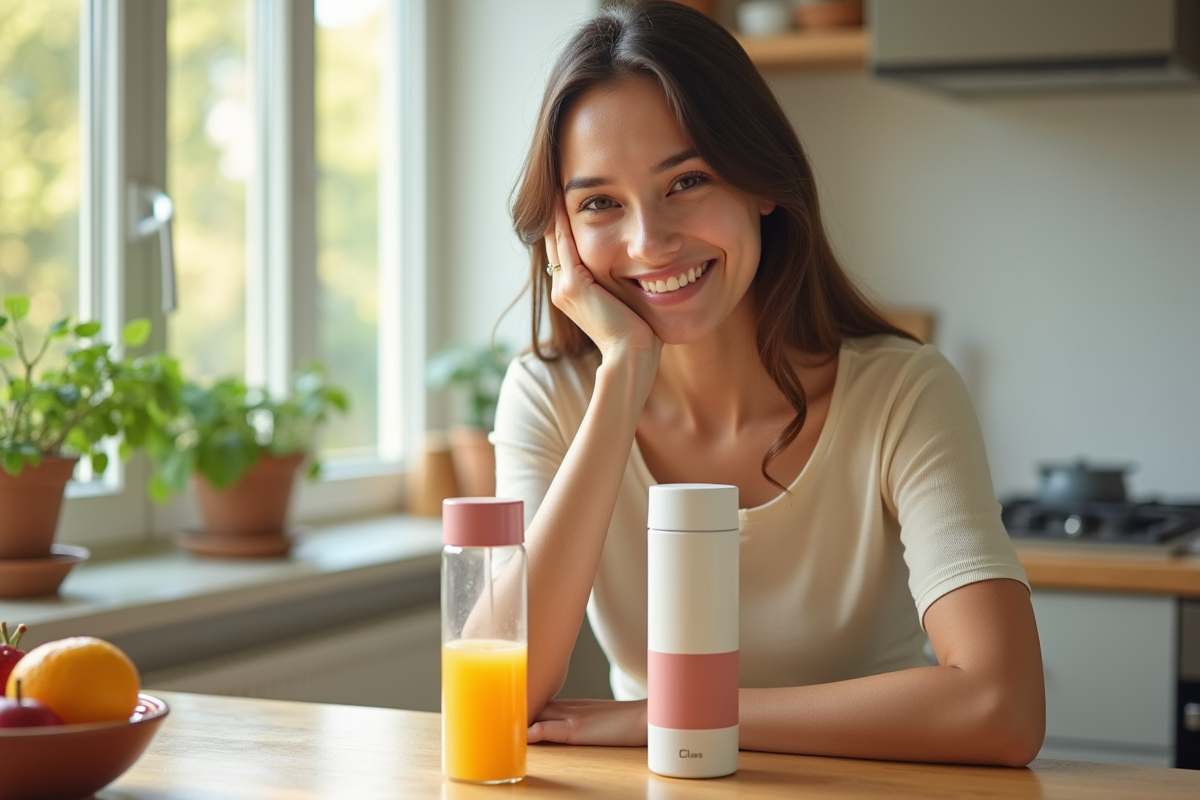 Jeune femme satisfaite avec shaker vide et fruits frais