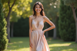 Femme élégante en robe midi fluide en extérieur