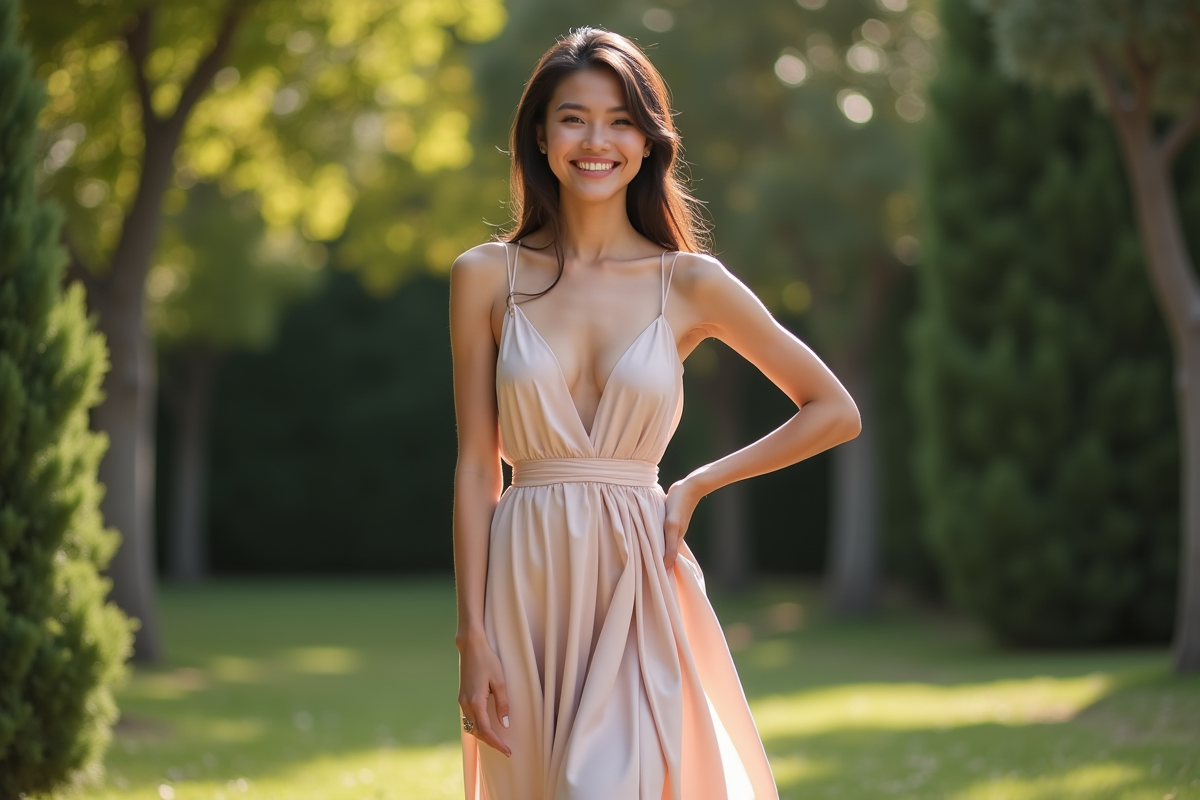 Femme élégante en robe midi fluide en extérieur