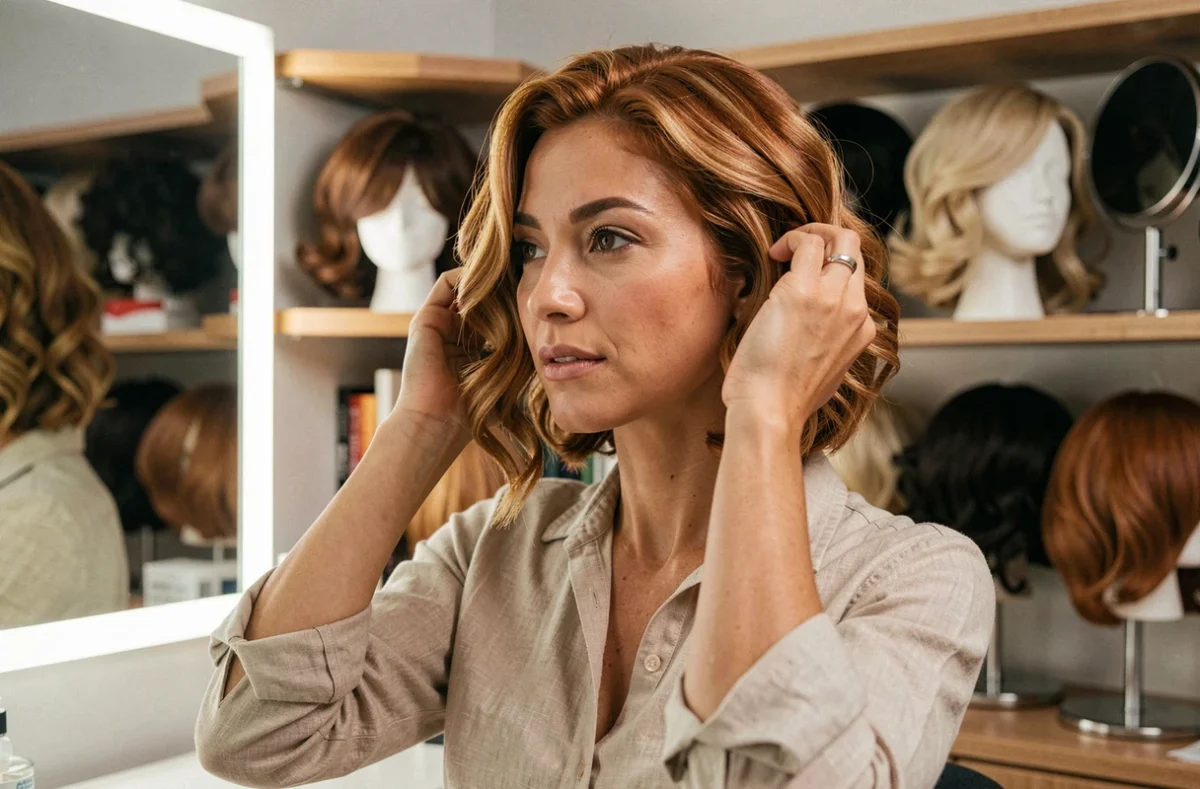 Femme essayant une perruque ondulée courte dans un salon de coiffure spécialisé en perruques, examinant la coupe adaptée à la forme de son visage devant un miroir