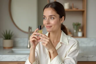 Femme tenant un flacon de parfum Fargance avec une expression curieuse dans une salle de bain minimaliste