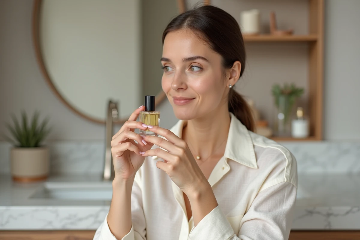 Femme tenant un flacon de parfum Fargance avec une expression curieuse dans une salle de bain minimaliste
