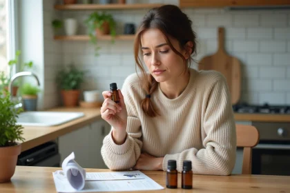 Femme examinant une bouteille d'huile essentielle dans la cuisine