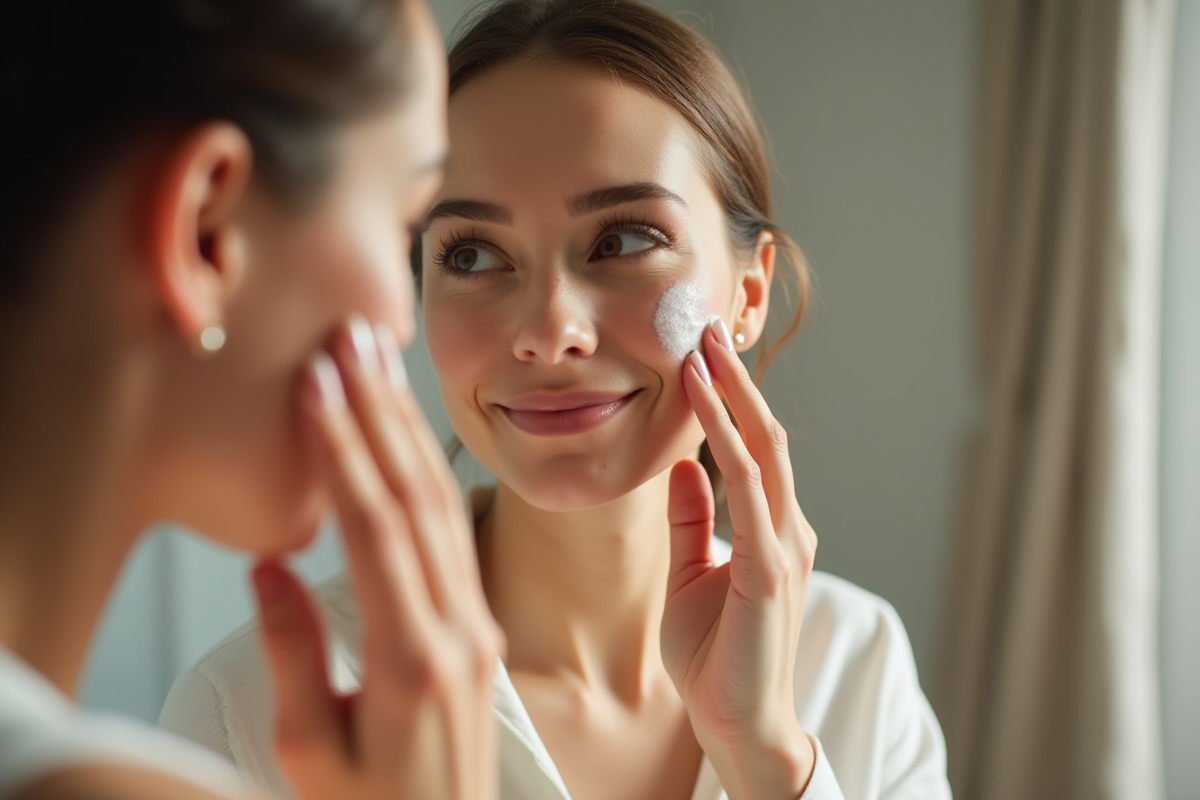 Femme appliquant une creme visage devant miroir naturel