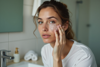 Femme contemplant un glaçon sur la joue dans une salle de bain moderne