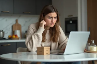Femme inquiète examine un colis parfum dans la cuisine