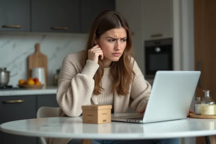 Femme inquiète examine un colis parfum dans la cuisine