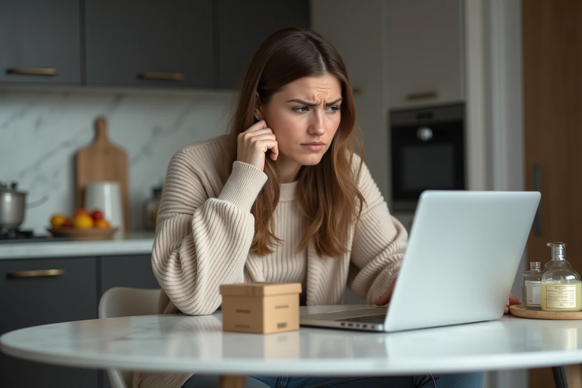 Femme inquiète examine un colis parfum dans la cuisine