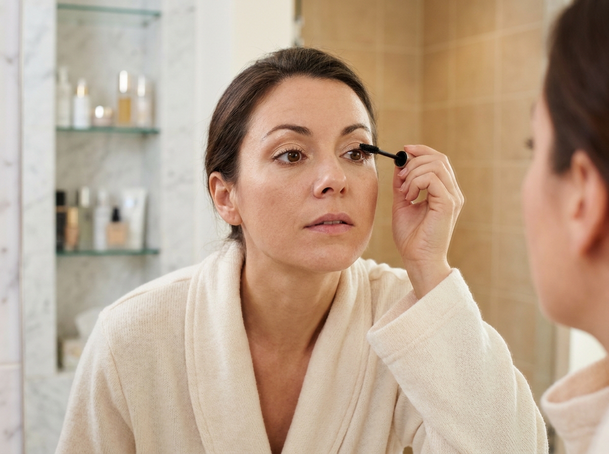 Femme portant des lentilles de contact appliquant du mascara devant un miroir de salle de bain, routine maquillage de fêtes sans irritation