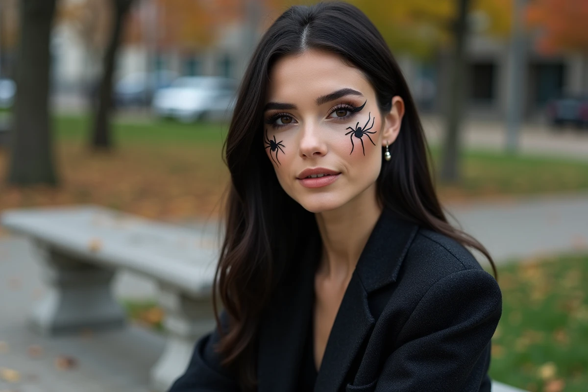 Jeune femme au maquillage web dans un parc urbain automnal