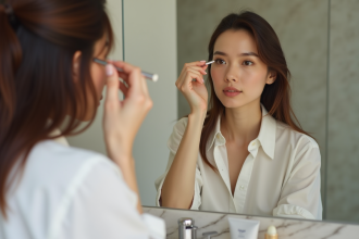 Femme appliquant un crayon à l'eau dans un miroir moderne