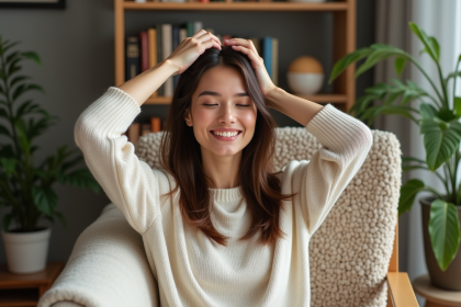 Femme brunette se massant le cuir chevelu dans un salon cosy