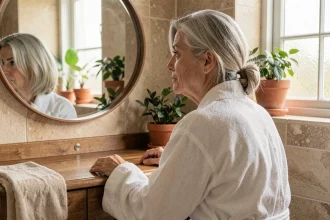 Femme mature d'une cinquantaine d'années se regardant dans un miroir de salle de bain, symbolisant l'acceptation des changements corporels liés à la ménopause