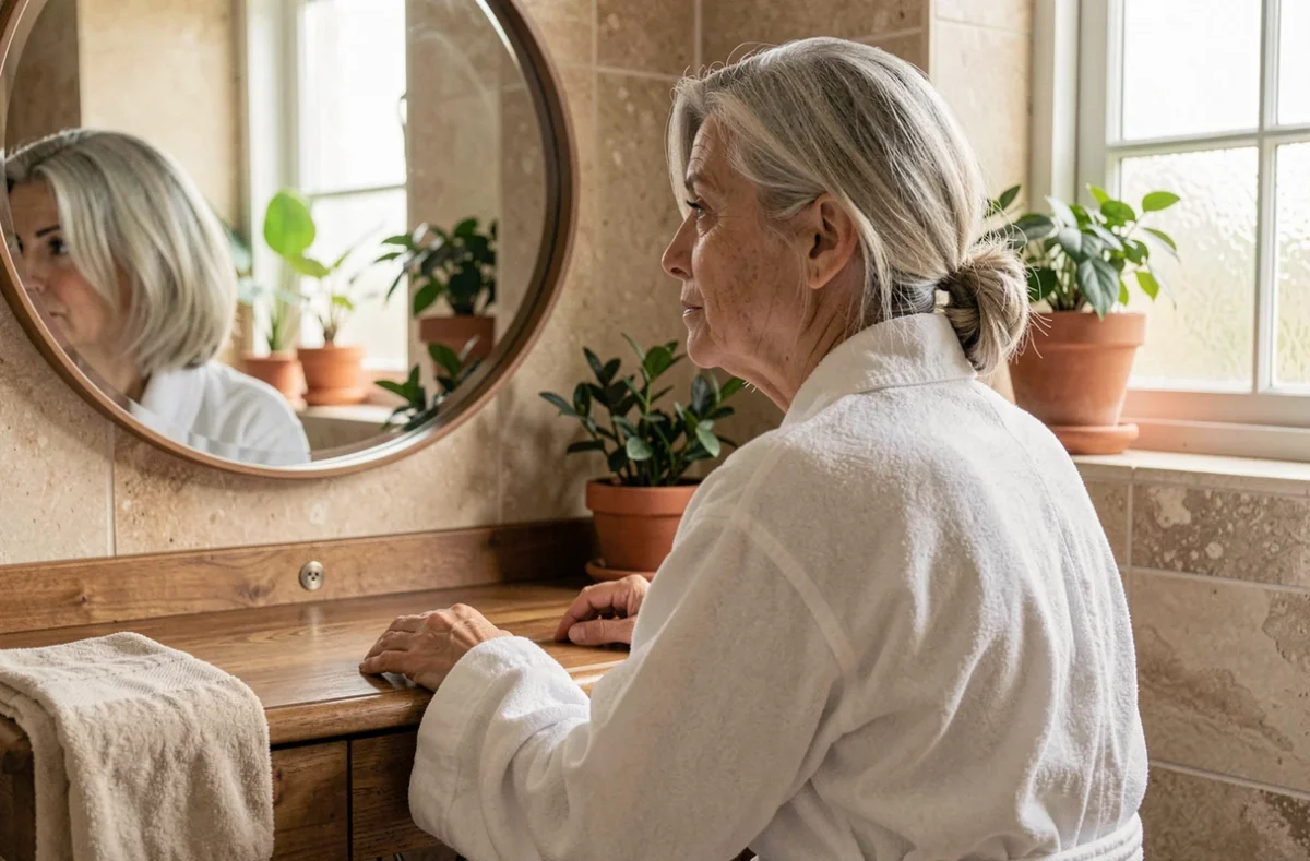 Femme mature d'une cinquantaine d'années se regardant dans un miroir de salle de bain, symbolisant l'acceptation des changements corporels liés à la ménopause