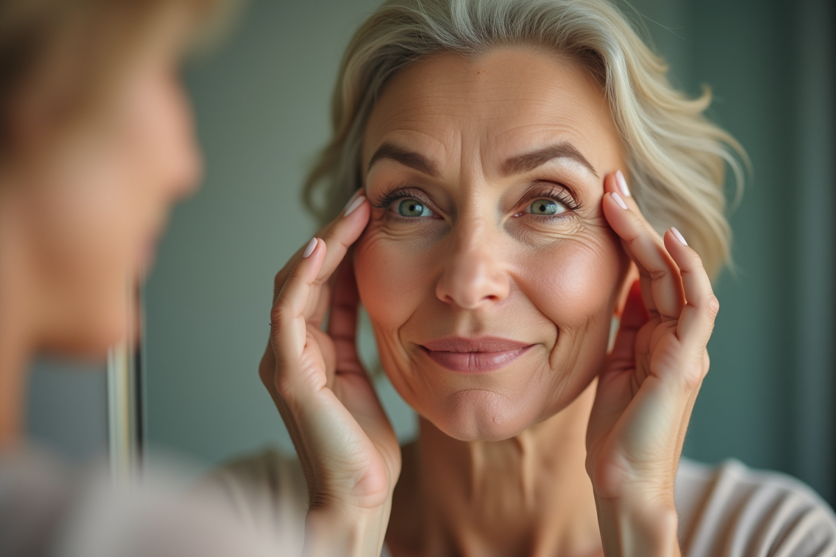 Femme mature examinant son visage dans un miroir bien éclairé